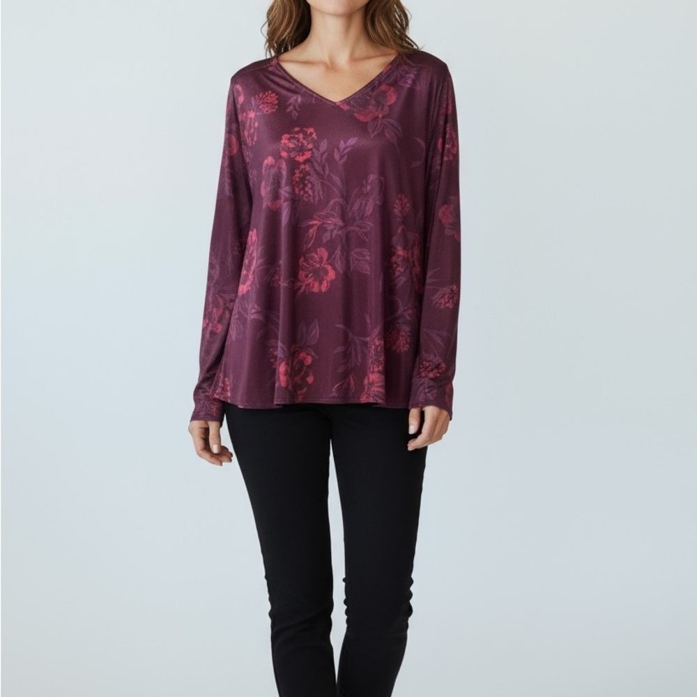 Nine West Plum Floral Long Sleeve Tee Brand New MSRP $ 59.00 Sz small